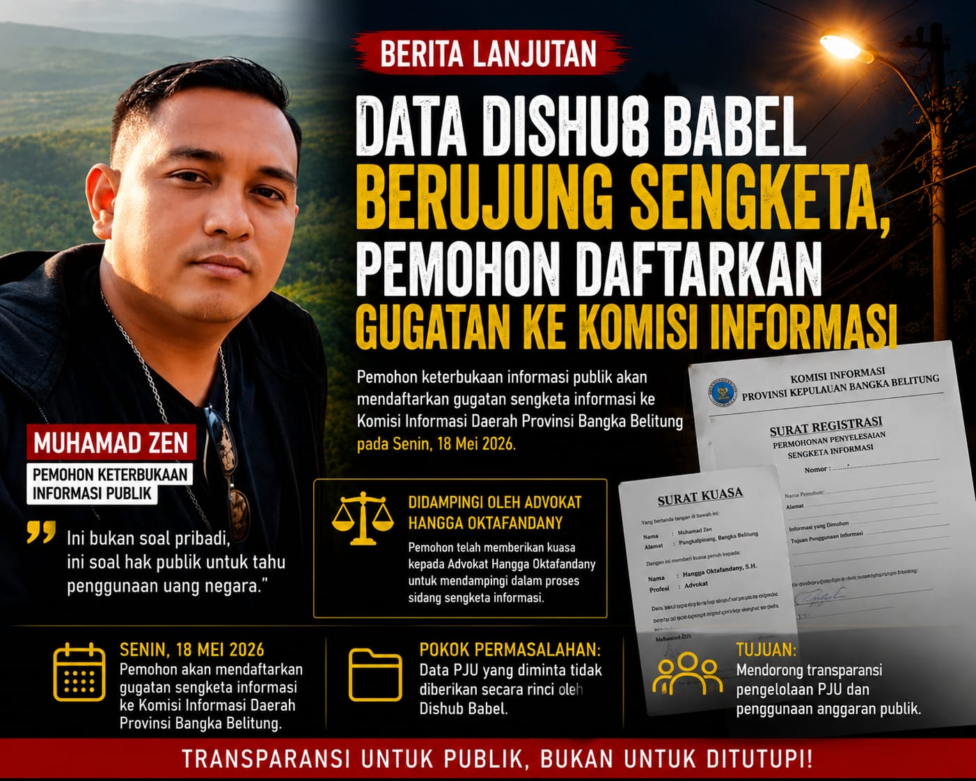 Data PJU Dishub Babel Berujung Sengketa, Pemohon Daftarkan Gugatan ke Komisi Informasi