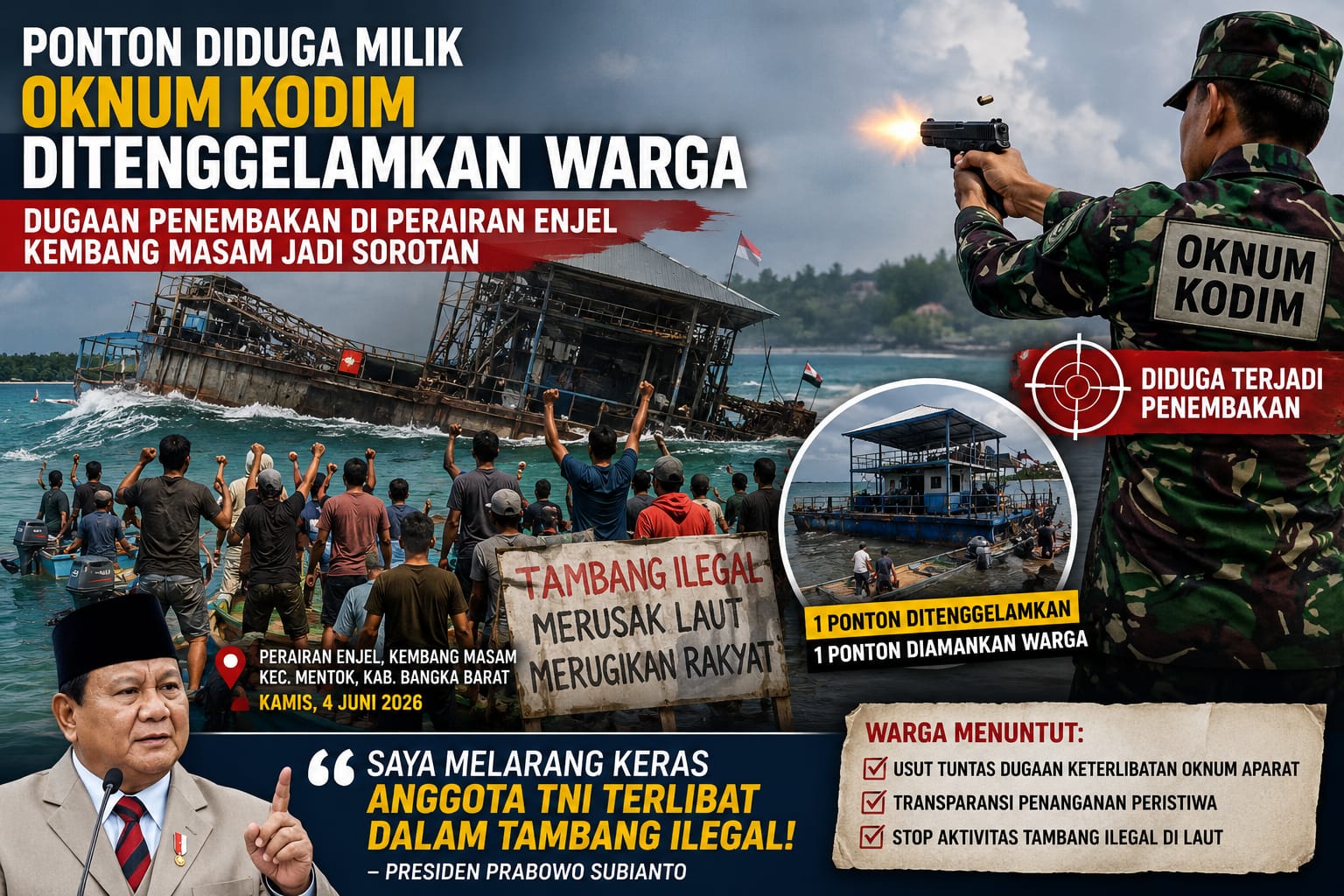 Dugaan Keterlibatan Oknum TNI dalam Tambang Laut Kembali Disorot, Warga Tenggelamkan Ponton di Perairan Enjel