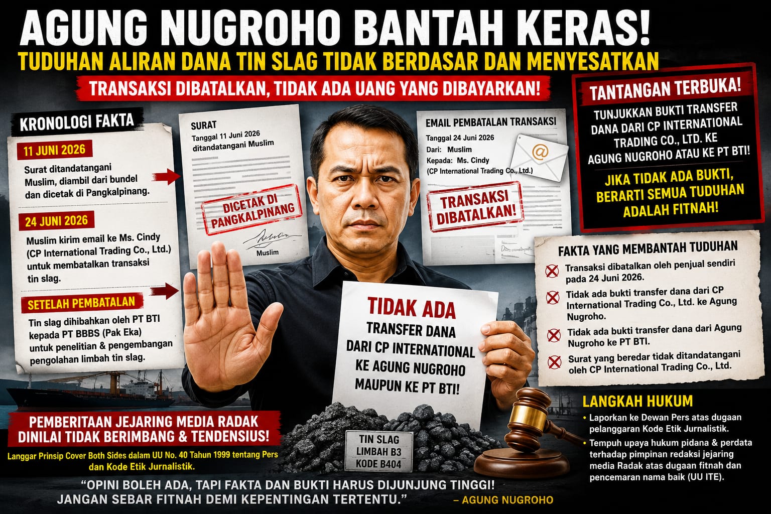 Merasa Difitnah, Agung Nugroho Beberkan Kronologi Pembatalan Transaksi Tin Slag dan Siapkan Langkah Hukum